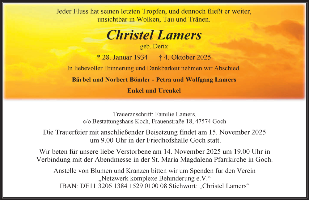  Traueranzeige für Christel Lamers vom 08.11.2025 aus NNA