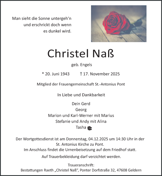 Traueranzeige von Christel Naß von NNA