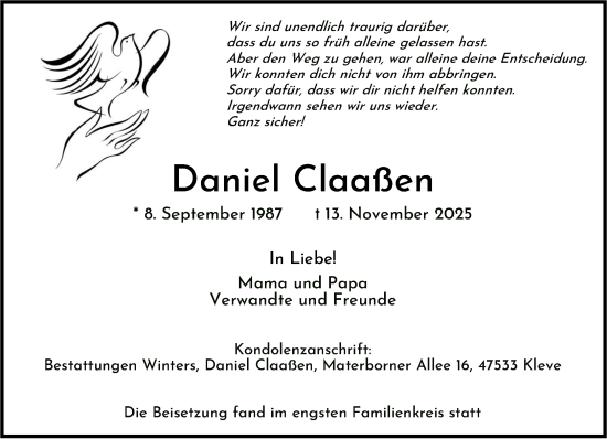 Traueranzeige von Daniel Claaßen von NNA