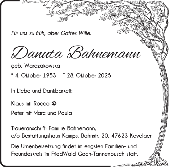 Traueranzeige von Danuta Bahnemann von NNA