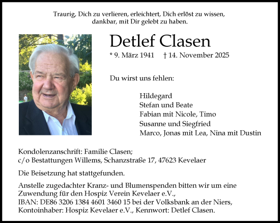 Traueranzeige von Detlef Clasen von NNA