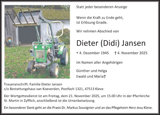 Traueranzeige von Dieter Jansen von NNA