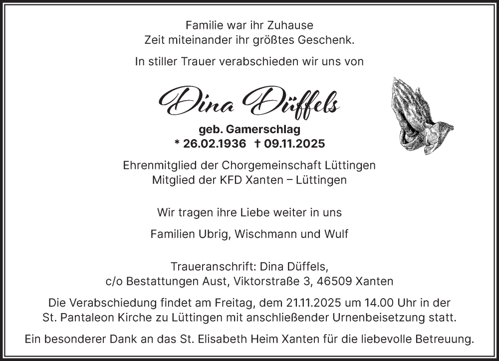  Traueranzeige für Dina Düffels vom 15.11.2025 aus NNA