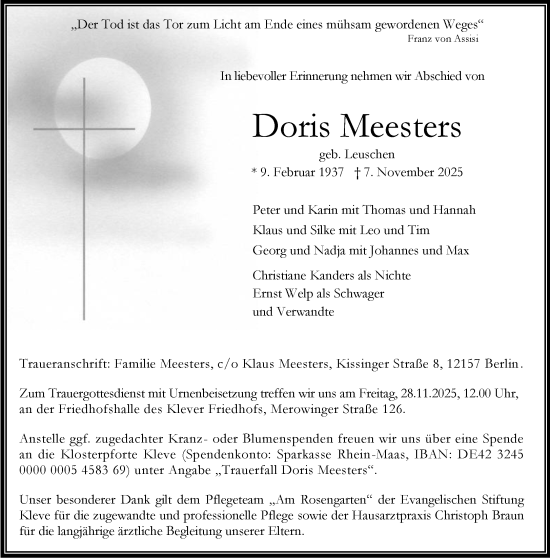 Traueranzeige von Doris Meesters von NNA