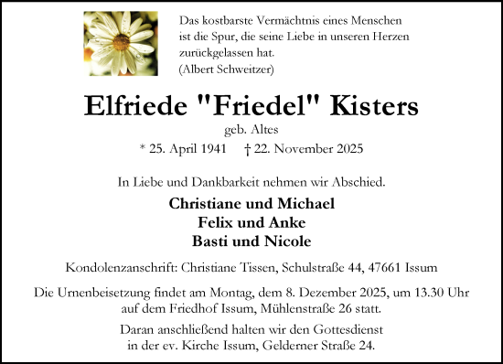 Traueranzeige von Elfriede Kisters von NNA
