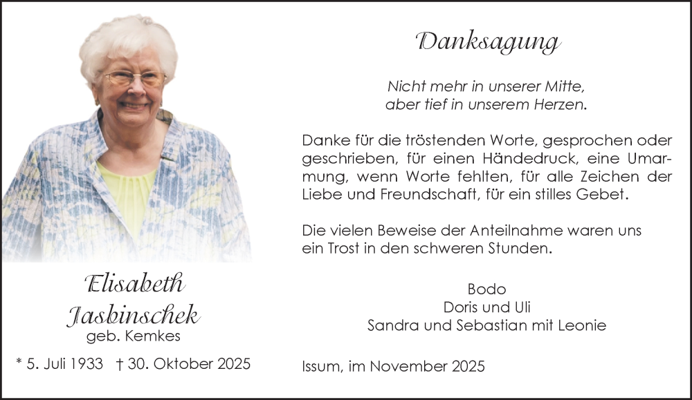  Traueranzeige für Elisabeth Jasbinschek vom 29.11.2025 aus NNA