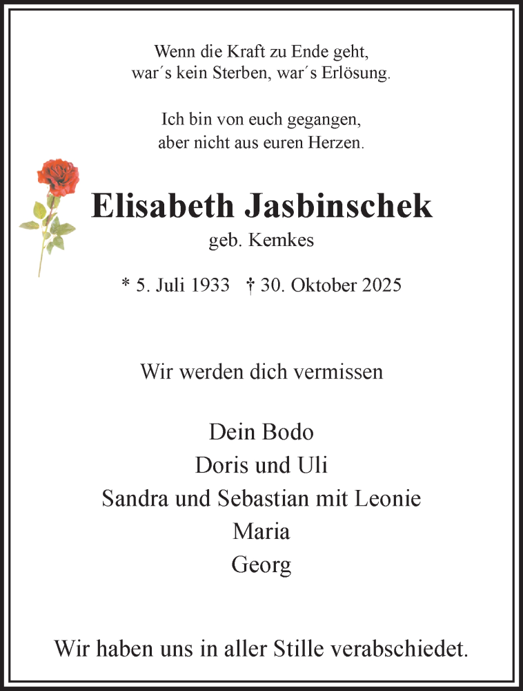 Traueranzeige für Elisabeth Jasbinschek vom 08.11.2025 aus NNA
