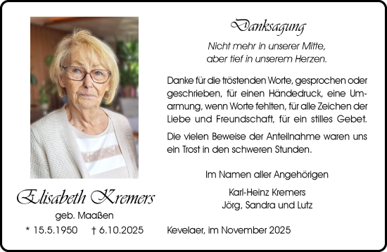 Traueranzeige von Elisabeth Kremers von NNA