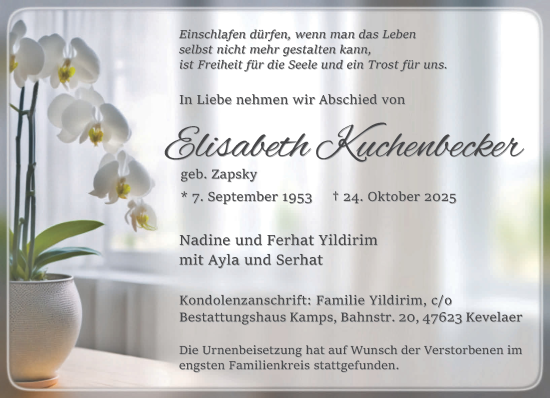 Traueranzeige von Elisabeth Kuchenbecker von NNA