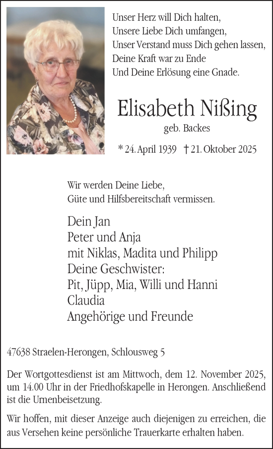 Traueranzeige von Elisabeth Nißing von NNA