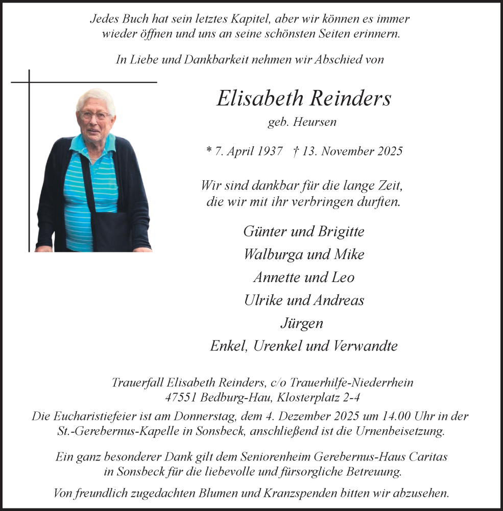  Traueranzeige für Elisabeth Reinders vom 22.11.2025 aus NNA