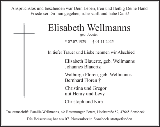 Traueranzeige von Elisabeth Wellmanns von NNA