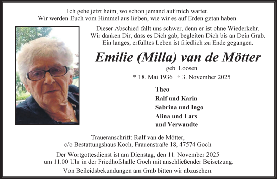 Traueranzeige von Emilie van de Mötter von NNA