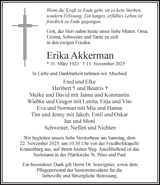 Traueranzeige von Erika Akkerman von NNA