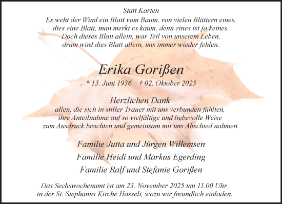 Traueranzeige von Erika Gorißen von NNA