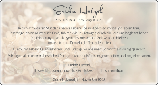Traueranzeige von Erika Hetzel von NNA