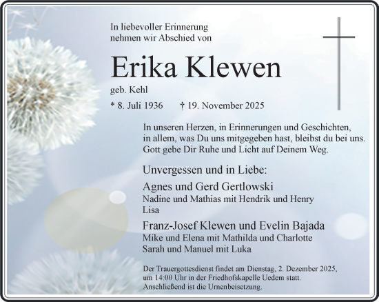 Traueranzeige von Erika Klewen von NNA