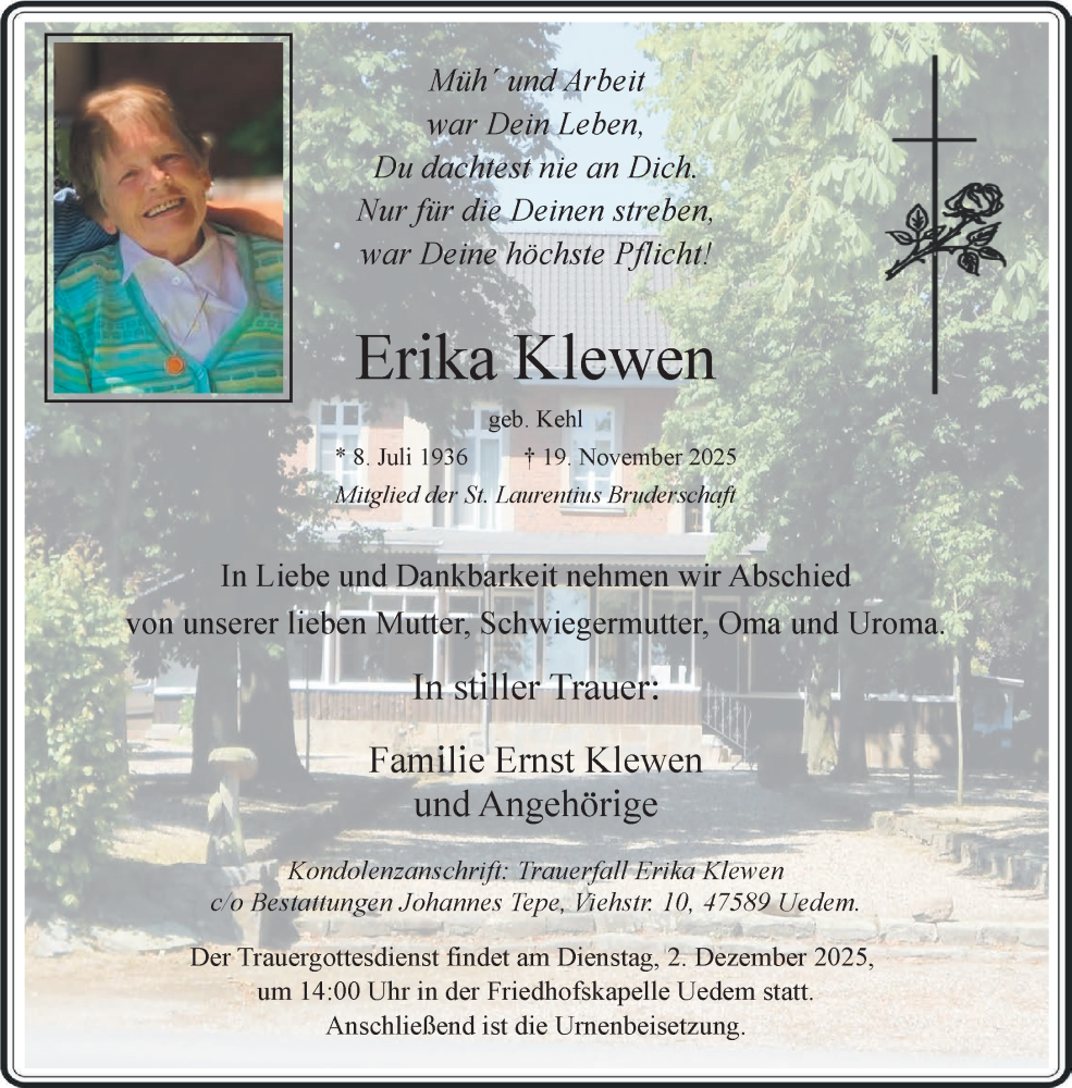  Traueranzeige für Erika Klewen vom 29.11.2025 aus NNA