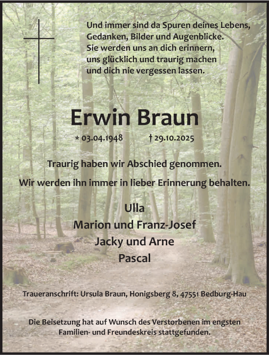 Traueranzeige von Erwin Braun von NNA