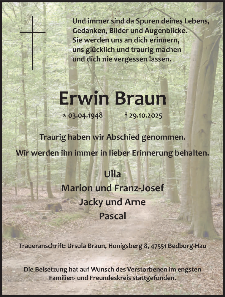  Traueranzeige für Erwin Braun vom 29.11.2025 aus NNA