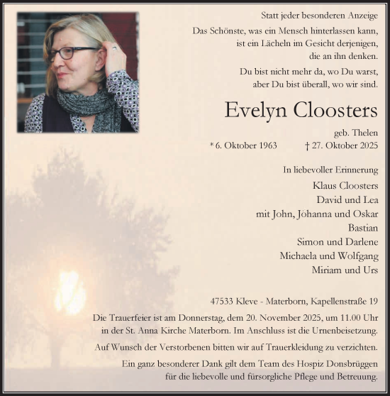 Traueranzeige von Evelyn Cloosters von NNA
