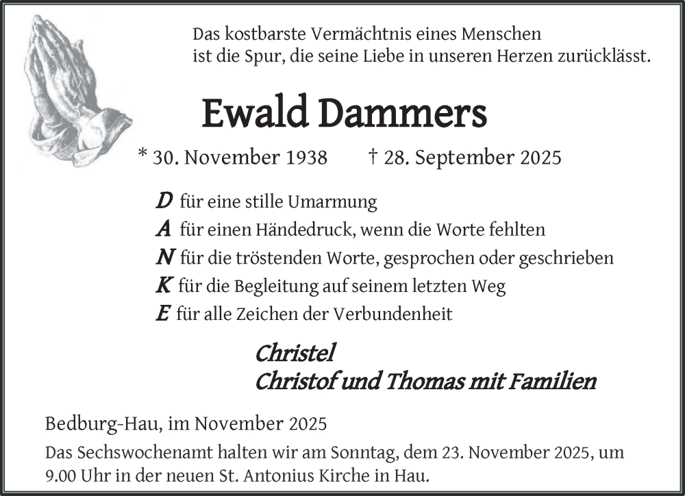  Traueranzeige für Ewald Dammers vom 15.11.2025 aus NNA
