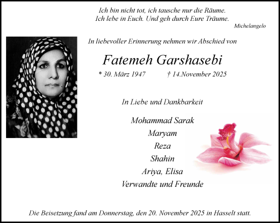 Traueranzeige von Fatemeh Garshasebi von NNA