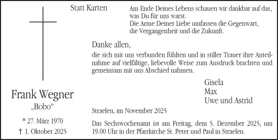 Traueranzeige von Frank Wegner von NNA