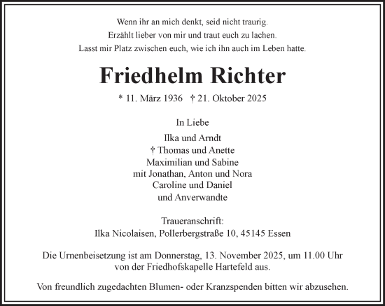 Traueranzeige von Friedhelm Richter von NNA