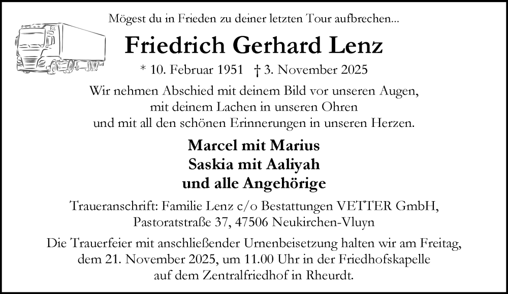  Traueranzeige für Friedrich Gerhard Lenz vom 15.11.2025 aus NNA
