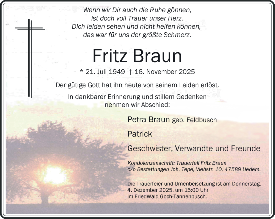 Traueranzeige von Fritz Braun von NNA