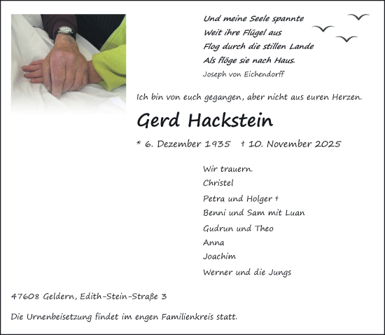 Traueranzeige von Gerd Hackstein von NNA