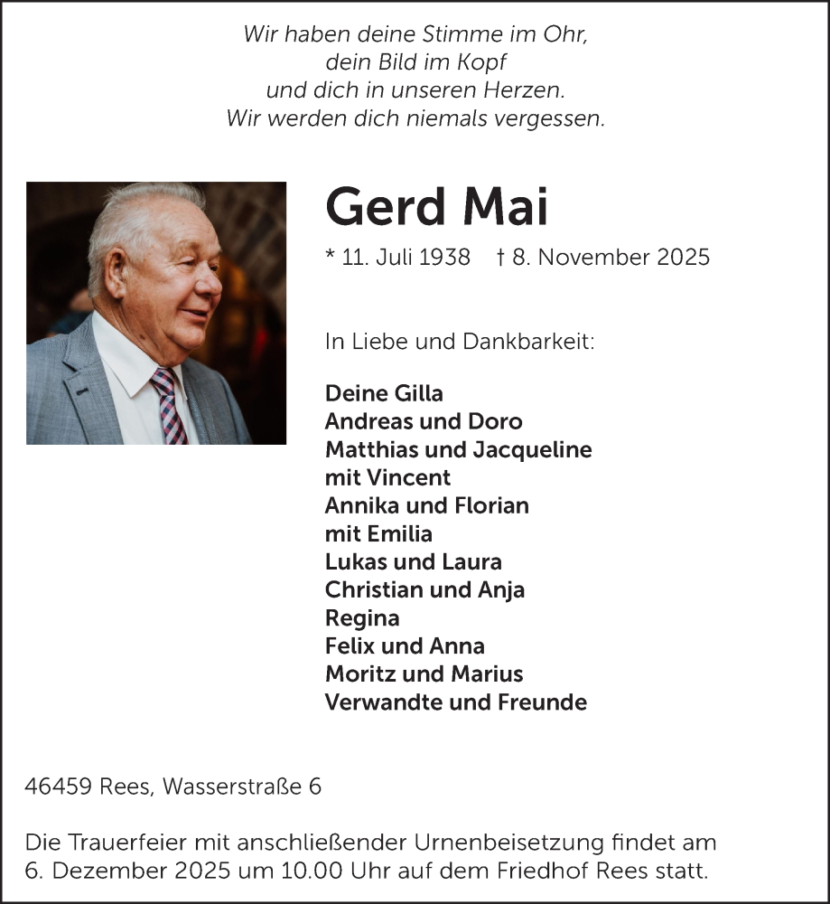  Traueranzeige für Gerd Mai vom 22.11.2025 aus NNA
