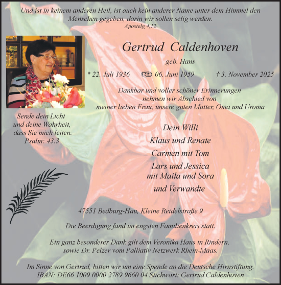 Traueranzeige von Gertrud Caldenhoven von NNA