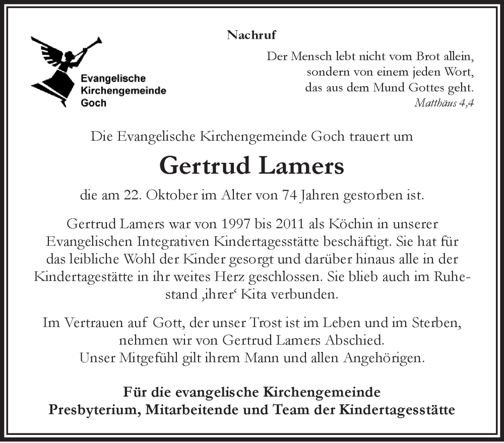  Traueranzeige für Gertrud Lamers vom 15.11.2025 aus NNA