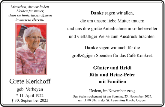 Traueranzeige von Grete Kerkhoff von NNA