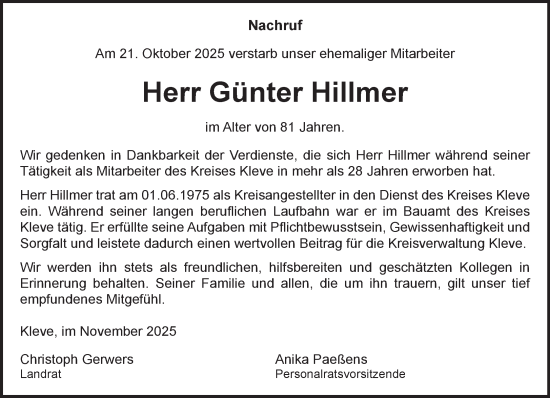 Traueranzeige von Günter Hillmer von NNA