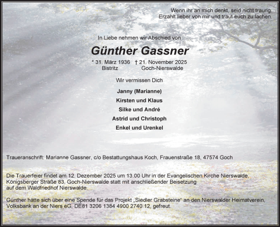 Traueranzeige von Günther Gassner von NNA