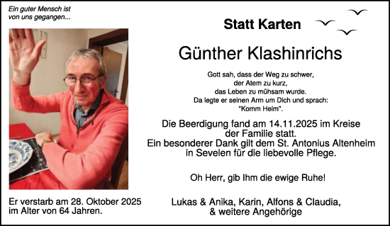 Traueranzeige von Günther Klashinrichs von NNA