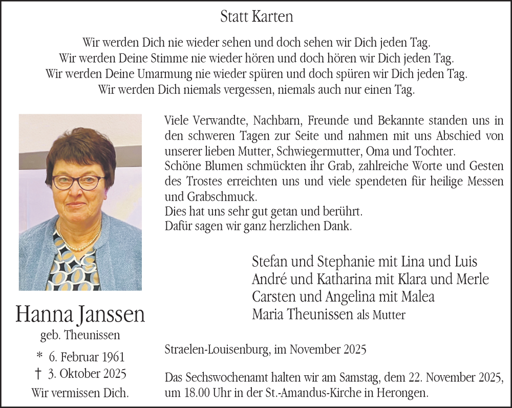  Traueranzeige für Hanna Janssen vom 15.11.2025 aus NNA