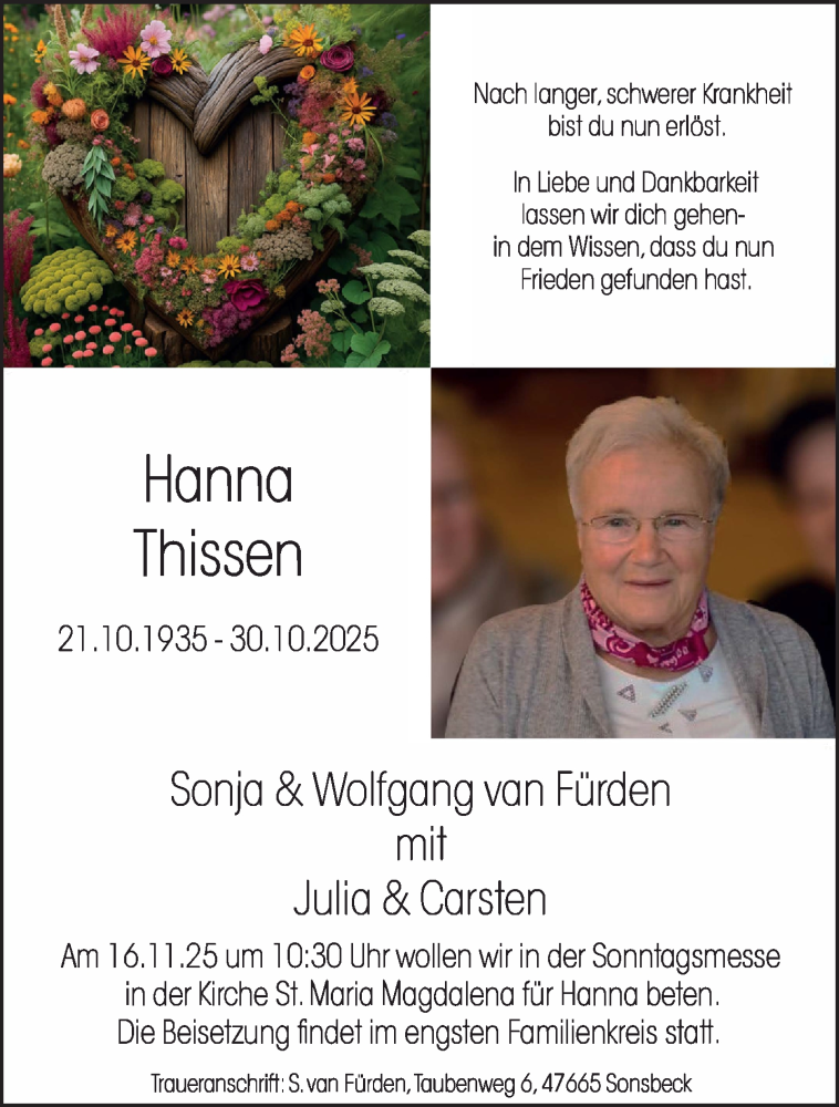  Traueranzeige für Hanna Thissen vom 08.11.2025 aus NNA
