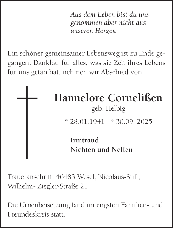 Traueranzeige von Hannelore Cornelißen von NNA