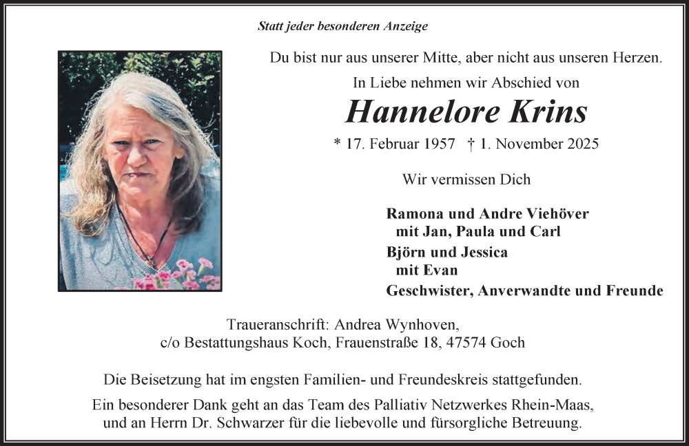 Traueranzeige für Hannelore Krins vom 08.11.2025 aus NNA