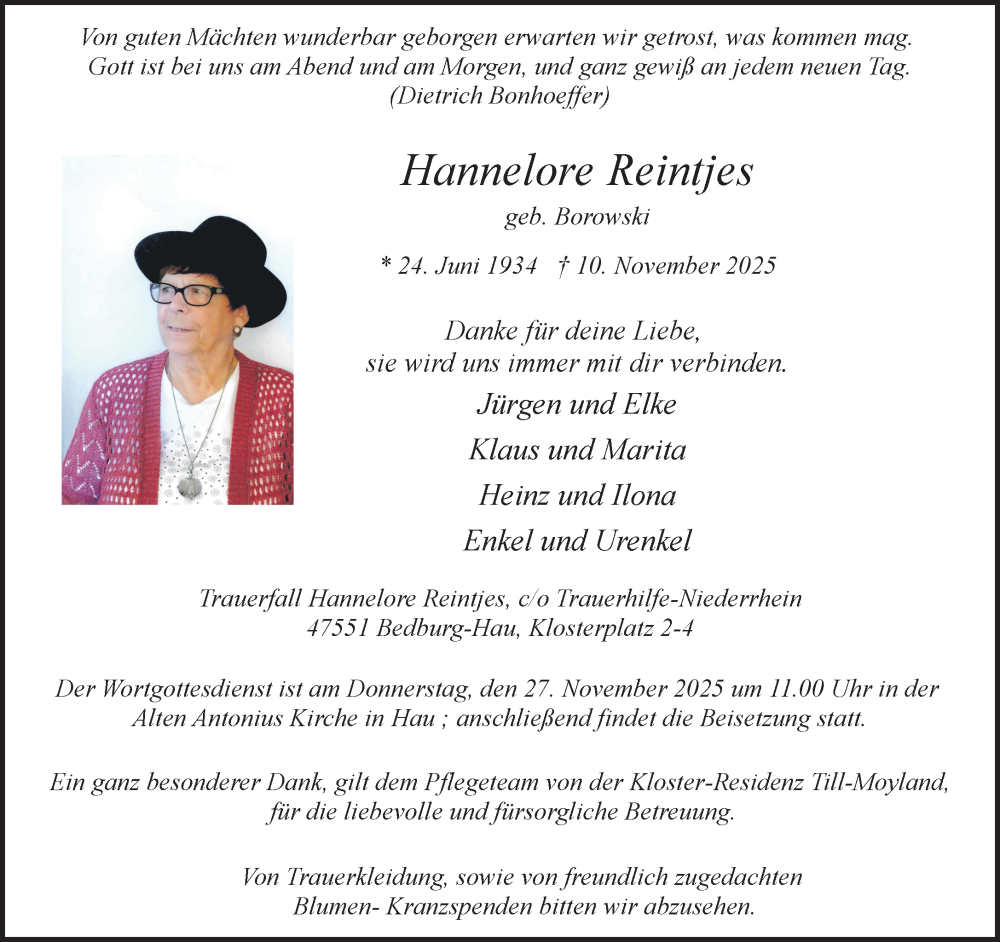  Traueranzeige für Hannelore Reintjes vom 15.11.2025 aus NNA