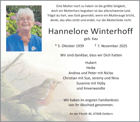 Traueranzeige von Hannelore Winterhoff von NNA