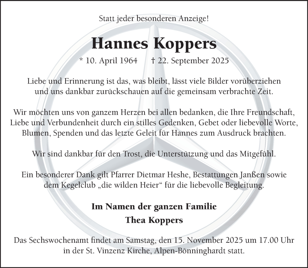  Traueranzeige für Hannes Koppers vom 08.11.2025 aus NNA