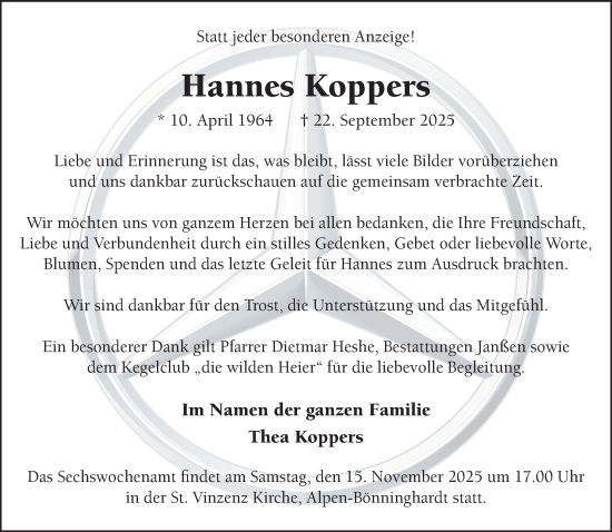 Traueranzeige von Hannes Koppers von NNA