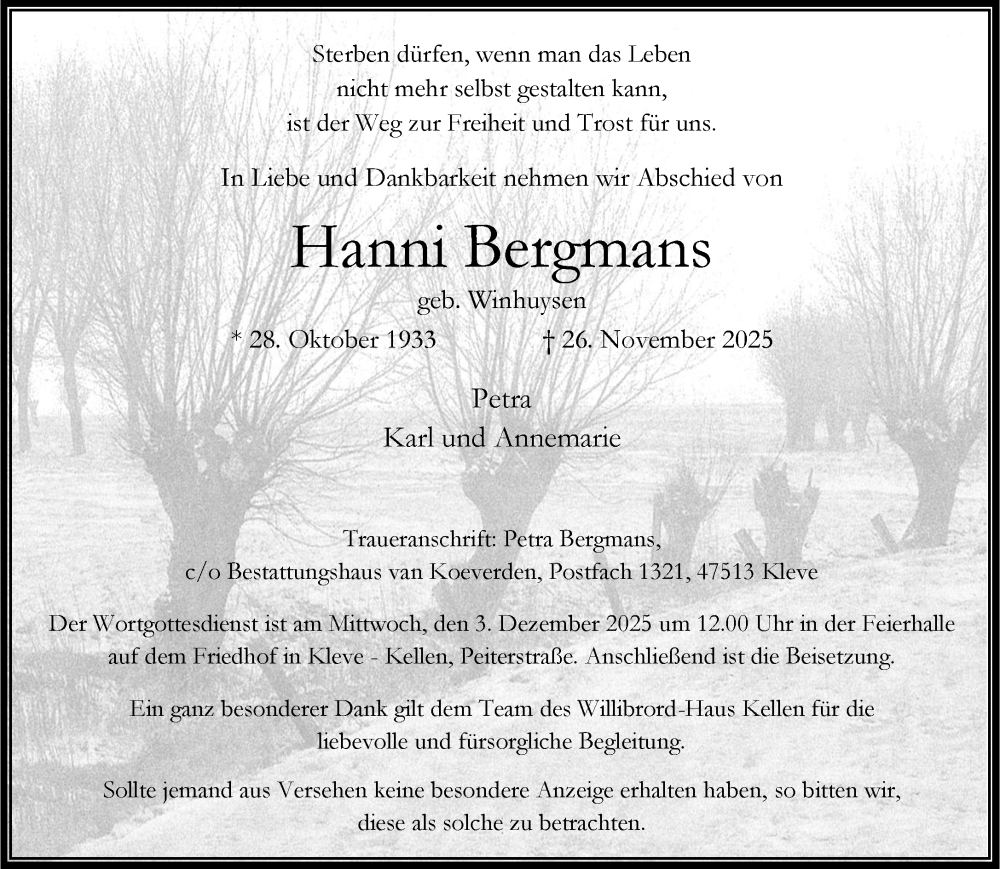  Traueranzeige für Hanni Bergmans vom 29.11.2025 aus NNA
