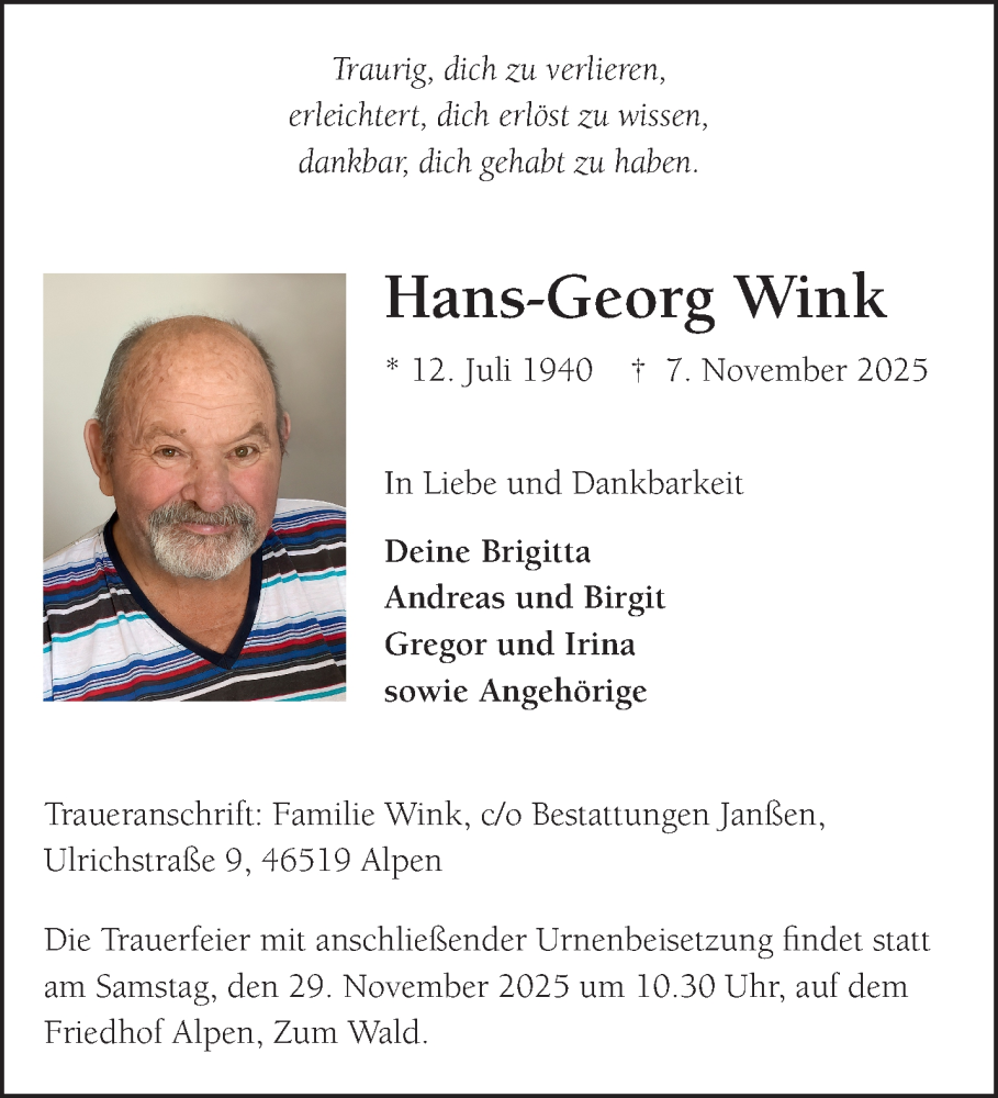  Traueranzeige für Hans-Georg Wink vom 22.11.2025 aus NNA