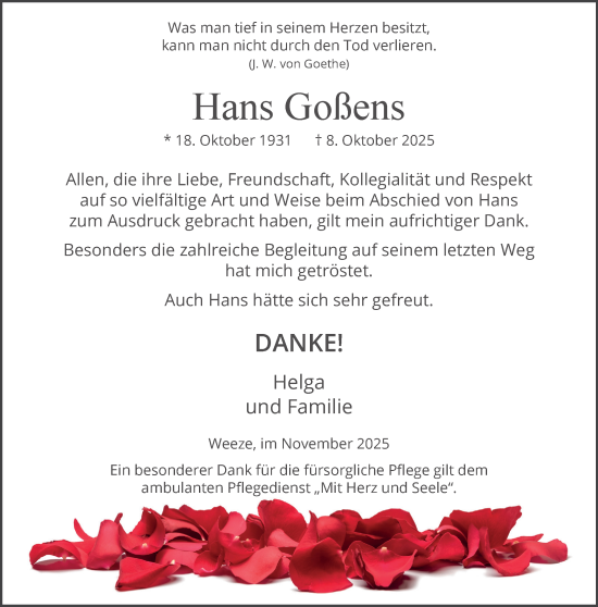 Traueranzeige von Hans Goßens von NNA